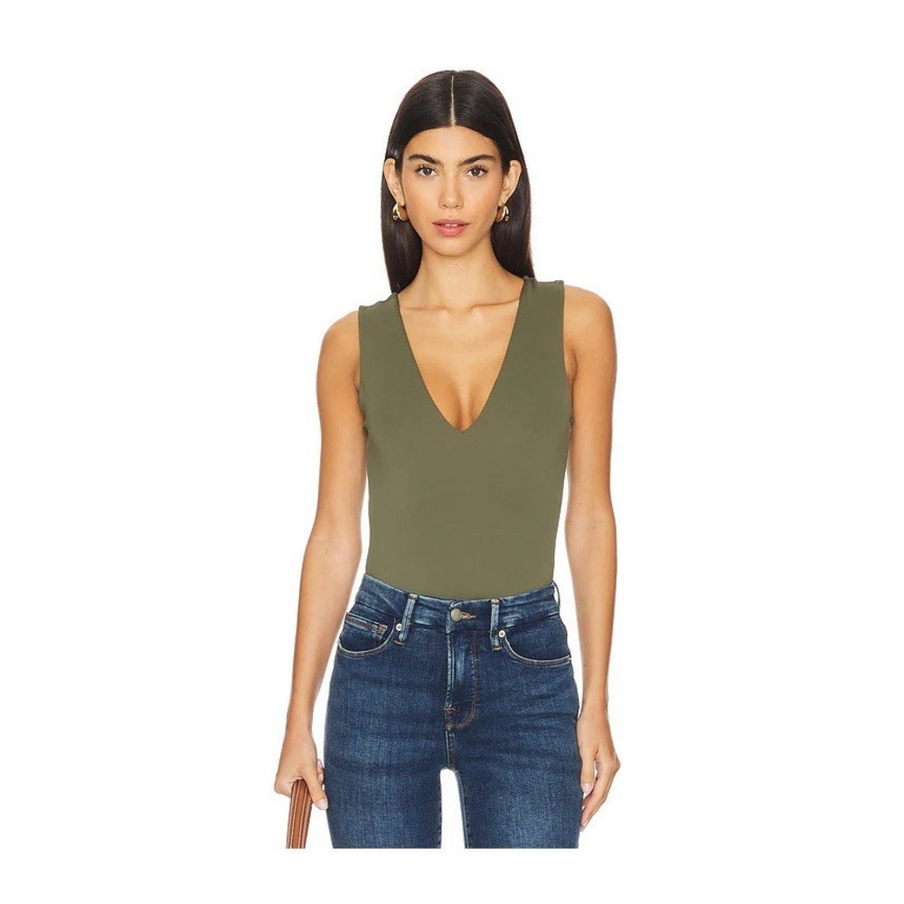 Good American Scuba Deep V Neck Bodysuit Sculpting Thong Sz L Green
